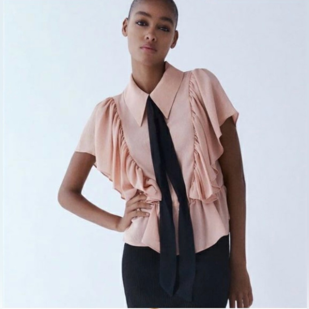 ZARA Dusty Pink Blouse with Black Ribbon / Size XL